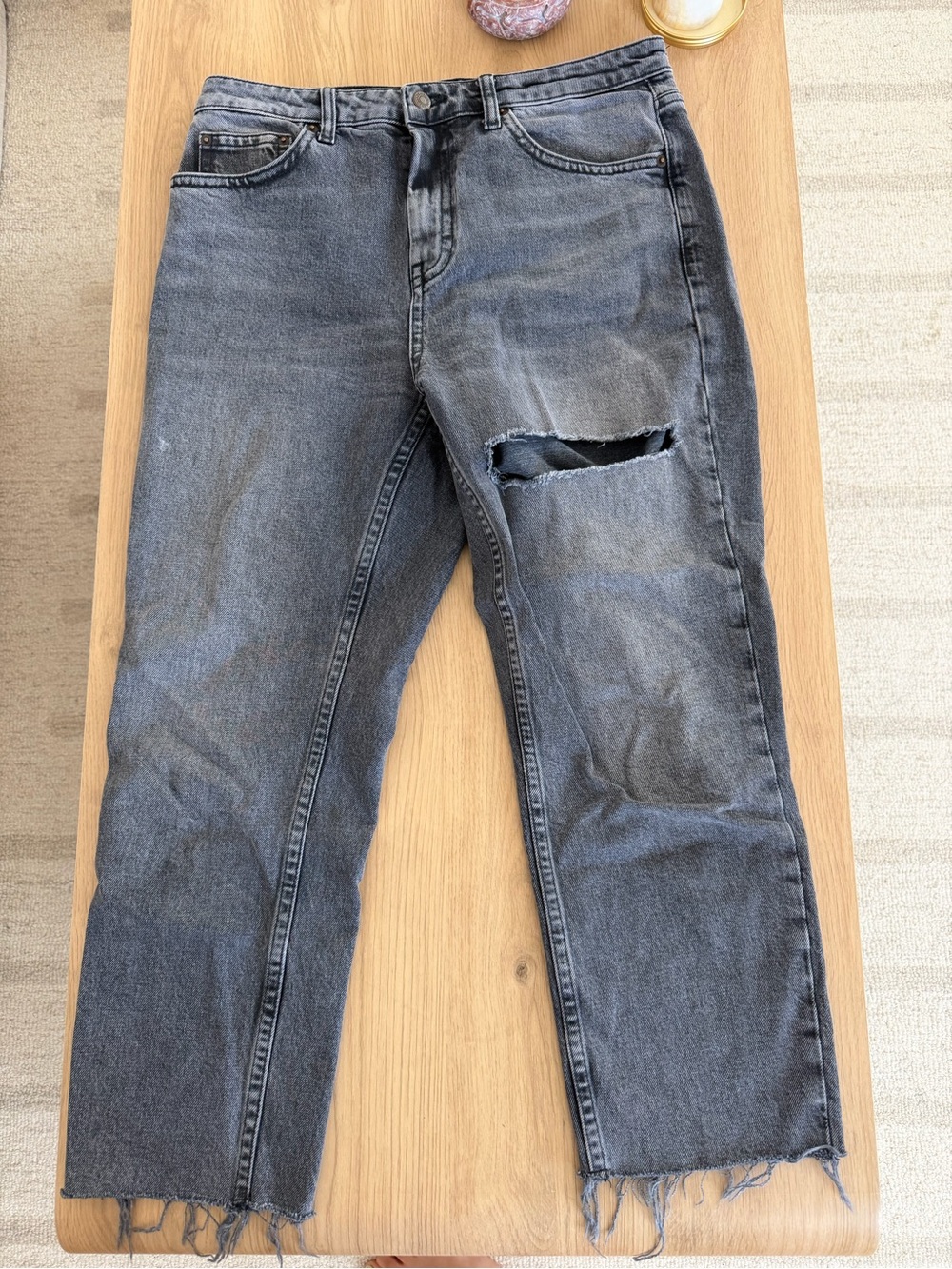 Topshop Washed Black Straight Jeans with Thigh Rip